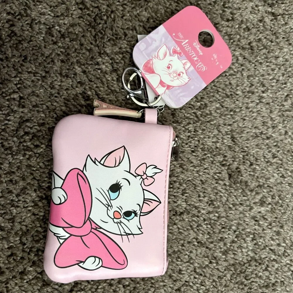 Disney Aristocats Marie Pink Zip Wallet Card Holder Eiffel Tower Keychain NWT